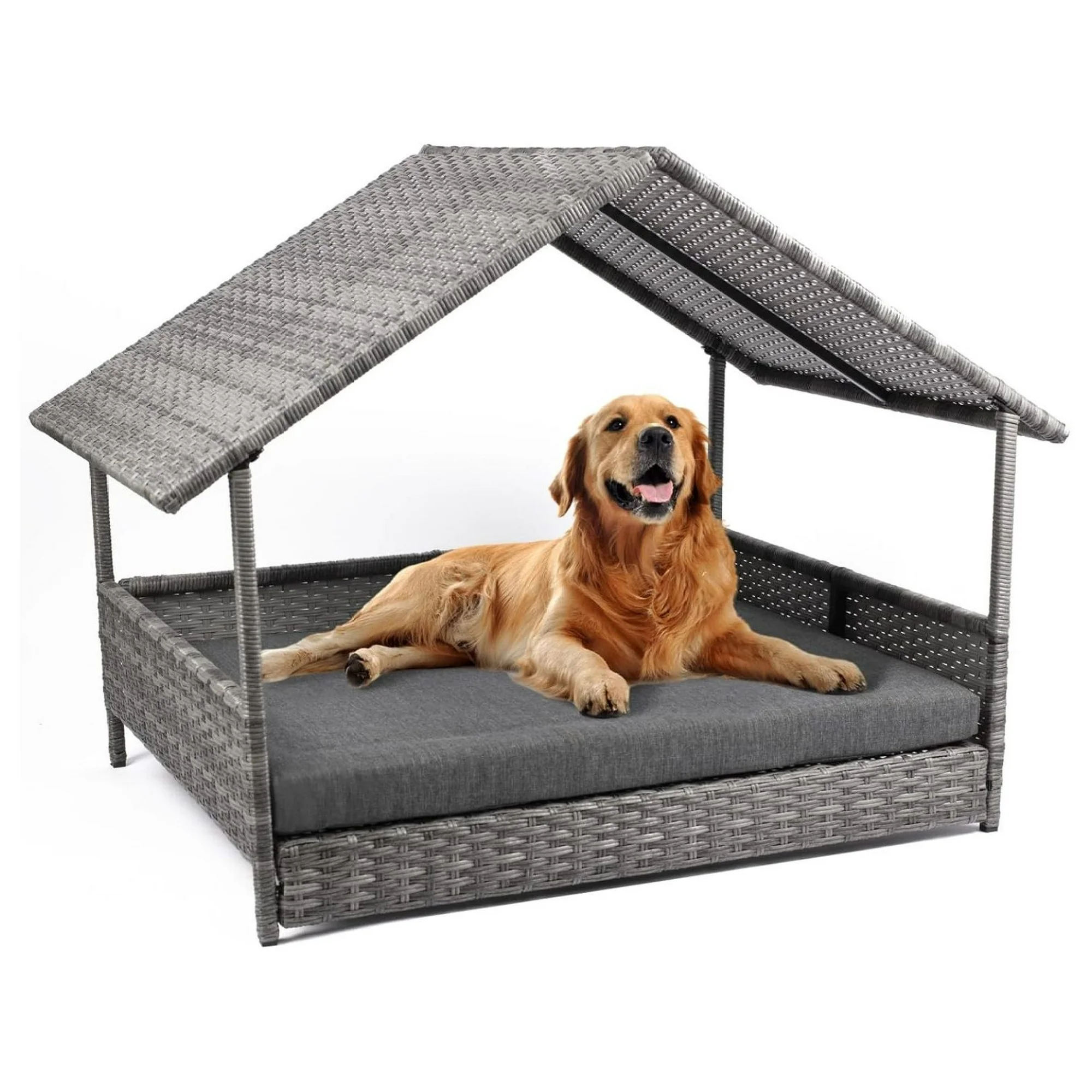 Hongwa Wicker Dog House, Elevated Rattan Dog Bed with Canopy, Large Dog House Outdoor with Water Resistant Cushion, Outside Rattan Dog House for Small, Medium and Large Dogs with Protective Cover