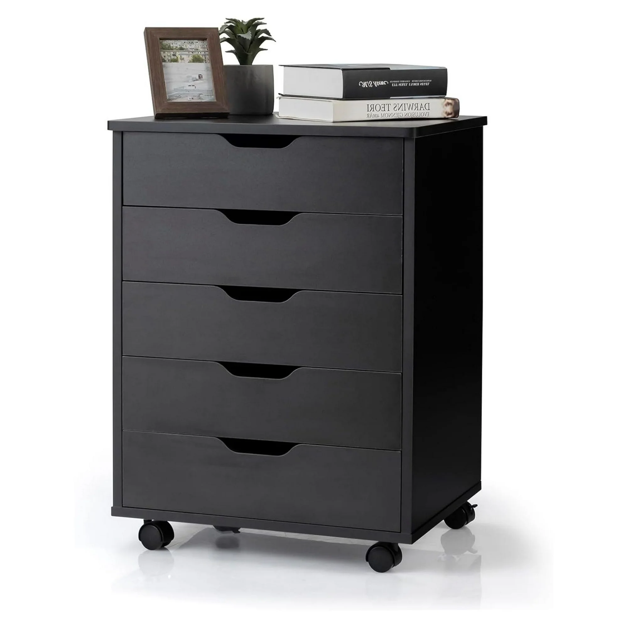 ZHANGHU 5 Drawer File Cabinet, Mobile Filing Cabinet with Universal Wheels, Office Cabinet w/ 5 Drawers, Vertical Printer Stand, Rolling Storage Cabinet, Wood File Cabinets for Home, Office (Black)