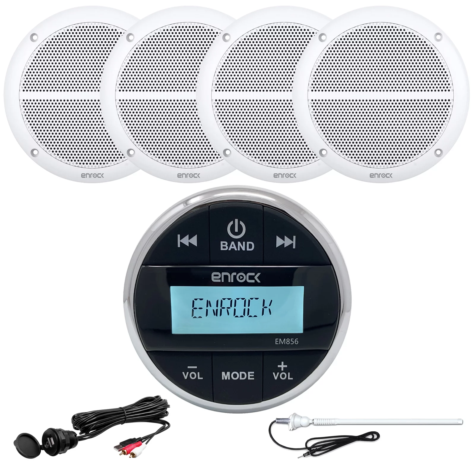 Enrock Multimedia Gauge Style Marine Grade Bluetooth Receiver, 4 x Enrock 2-Way 6.5