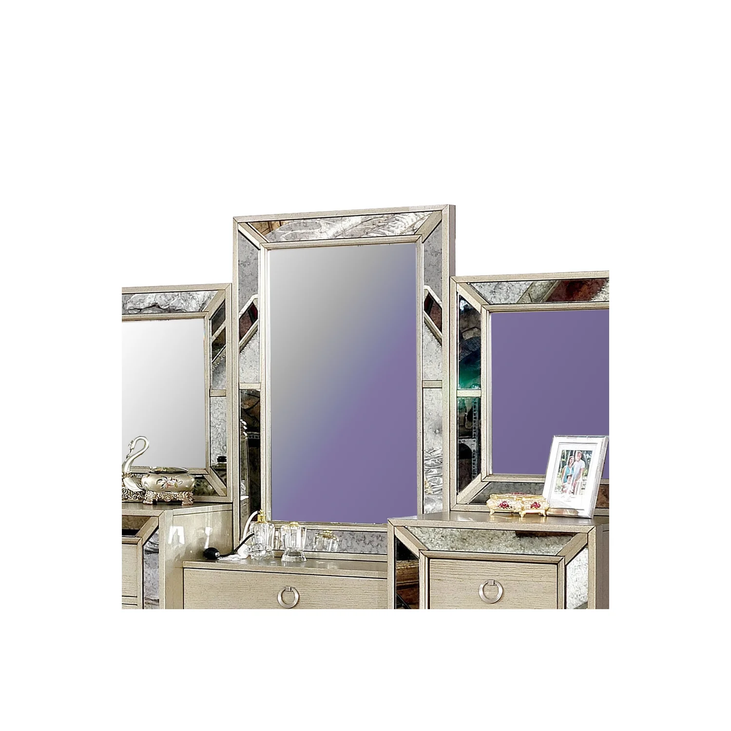 HomeStock Wooden Vanity Set With Antique Mirror Details And Storage Drawers, Silver