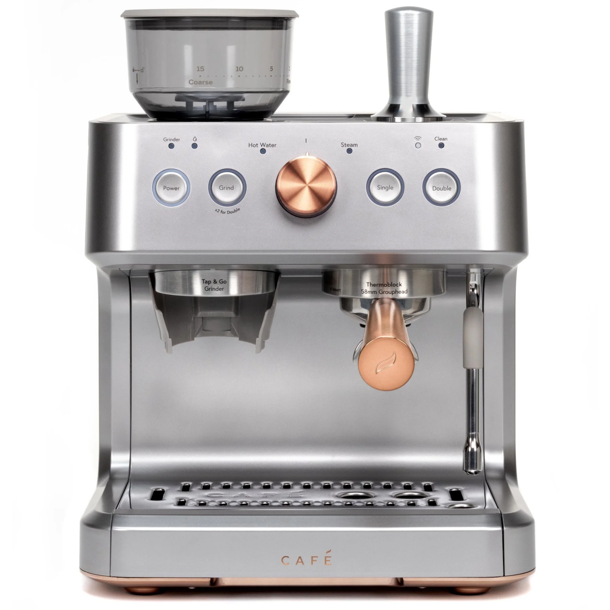 Café Bellissimo Semi Automatic Espresso Machine + Milk Frother | WiFi Connected, Smart Kitchen Essentials | Built-In Bean Grinder, 15-Bar Pump & 95-Ounce Water Reservoir | Steel Silver