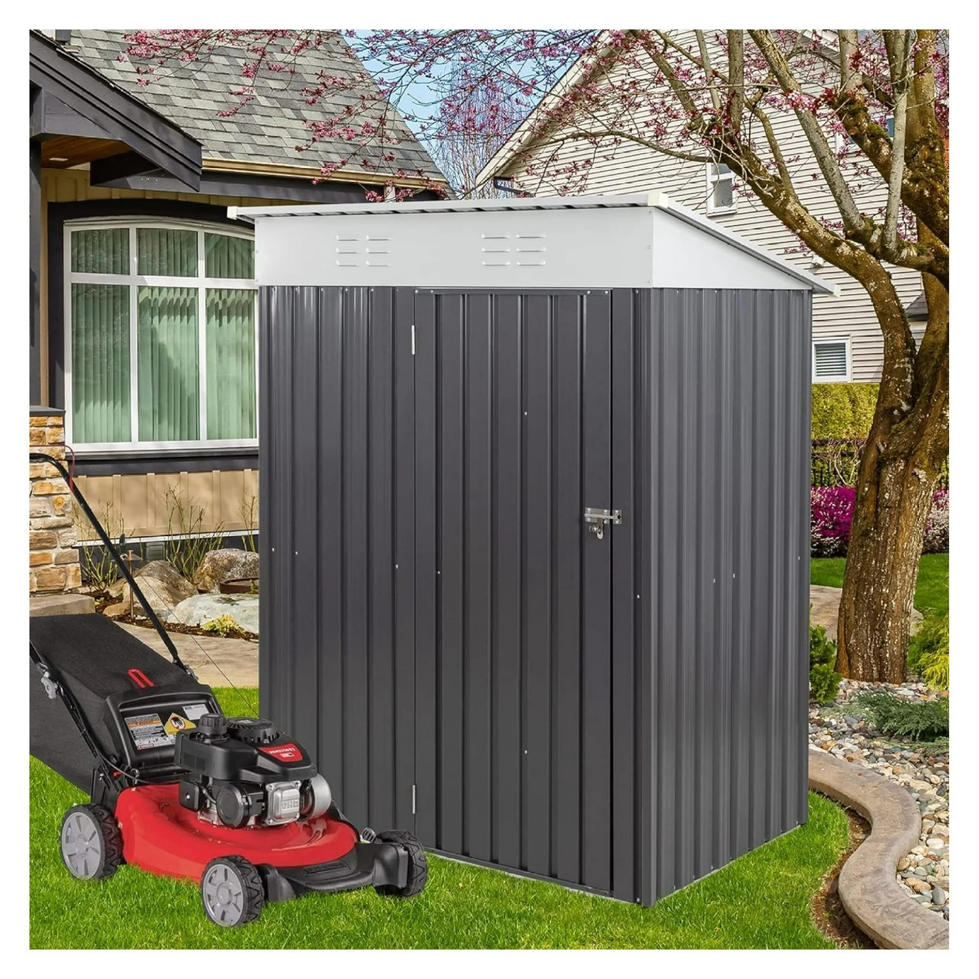 ZHANGHU 5 x 3 FT Outdoor Storage Shed, Metal Shed Small Garden Tool Storage Shed with Lockable Door for Outside Backyard Patio Lawn (Dark Gray)