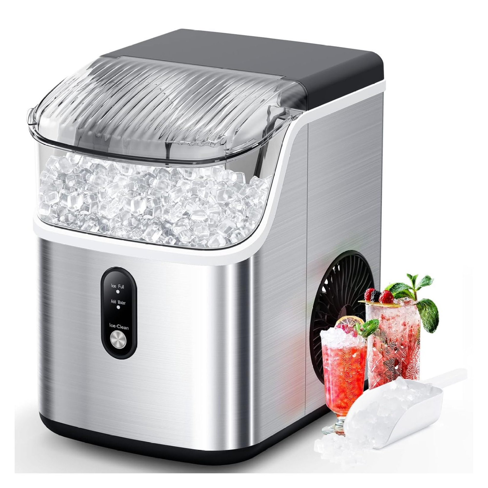 Nugget Ice Maker Countertop,33lbs/Day, Pellet ice Maker,a Basket in 1.5 Hour, Self-Cleaning, One-Click Design, Compact Crushed Ice Maker with Chewy Ice for Home Bar Party,Silver
