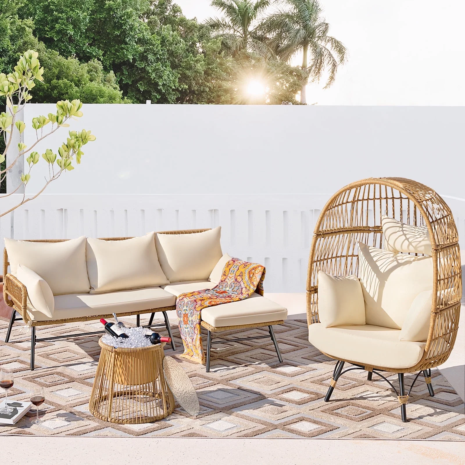 NICESOUL 4PCS Wicker Bohemian-style Outdoor Sofa Patio Sectional Furniture include Egg Lounge Chair, Natural Yellow