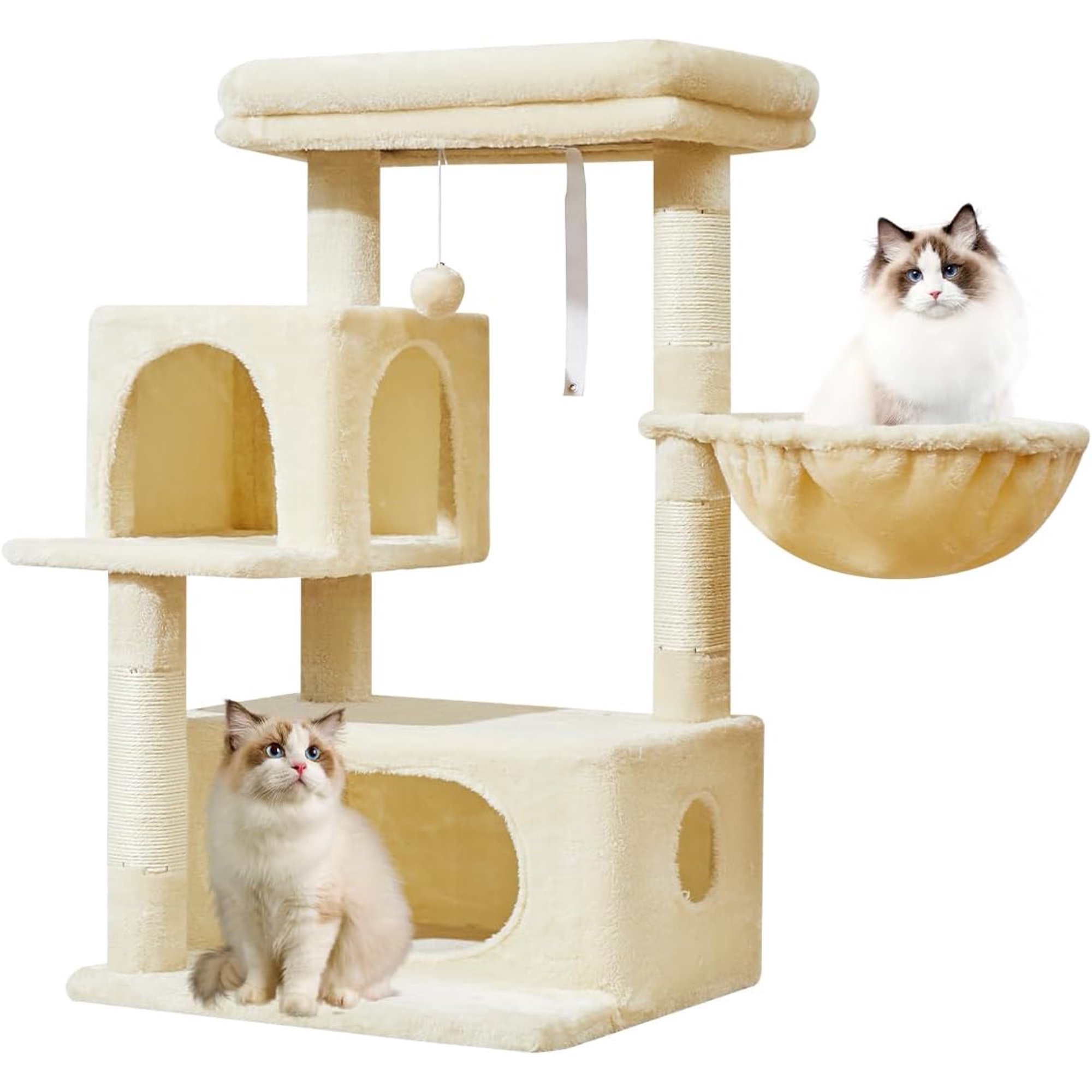 Cat Tree,37.8-Inch Cat Tower For Indoor Cats,2 Luxurious Cat Condo With Adjustable Large Hanging Baskets And Large Luxurious Perch Beige Ms029M