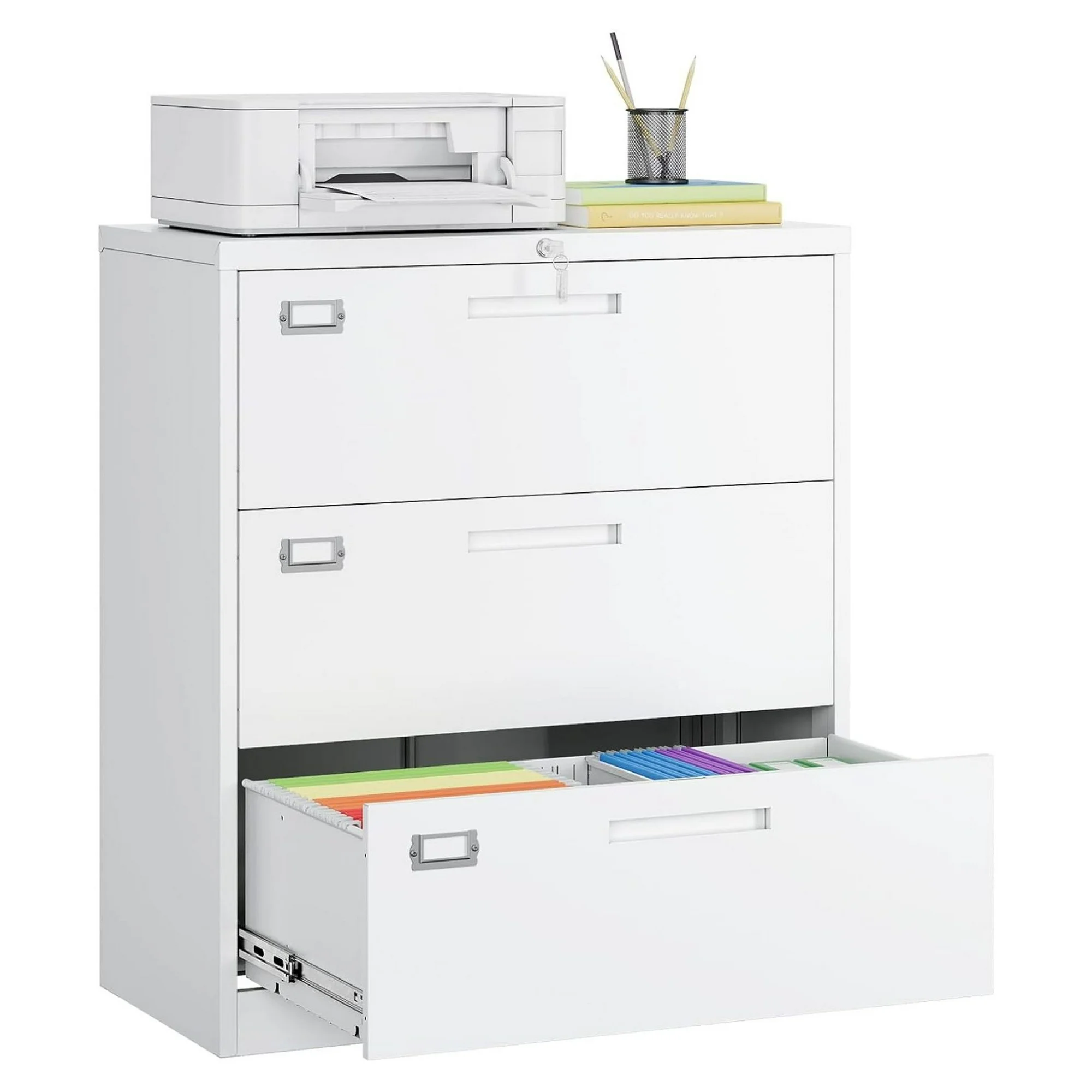ZHANGHU 3 Drawer Lateral File Cabinet with Lock, White Lateral Filing Cabinet, Large Deep Drawers Locked by Keys, Metal Storage File Cabinet for Hanging Files Letter/Legal/F4/A4 Size