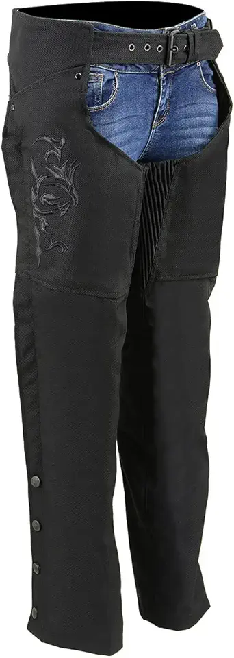 Milwaukee Leather SH1182 Women's Black with Pink Textile Motorcycle Riding Chaps with Tribal Embroidery