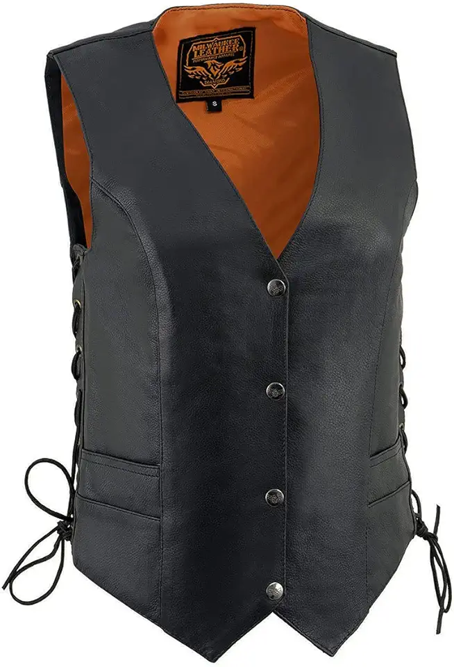 Milwaukee Leather ML1254 Women's Black Premium Leather Side Lace Motorcycle Rider Vest w Logo Snaps Closure