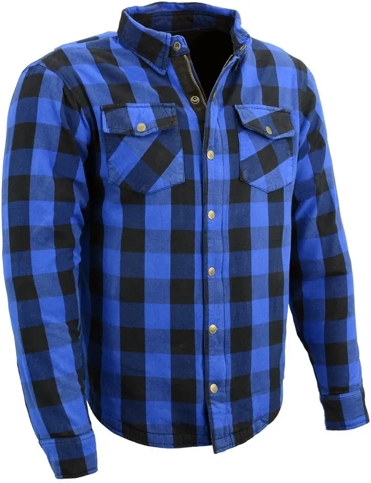 Milwaukee Leather Men's Plaid Flannel Blue Biker Shirt with CE Approved Armor Reinforced w/Aramid Fiber MPM1634 - Small