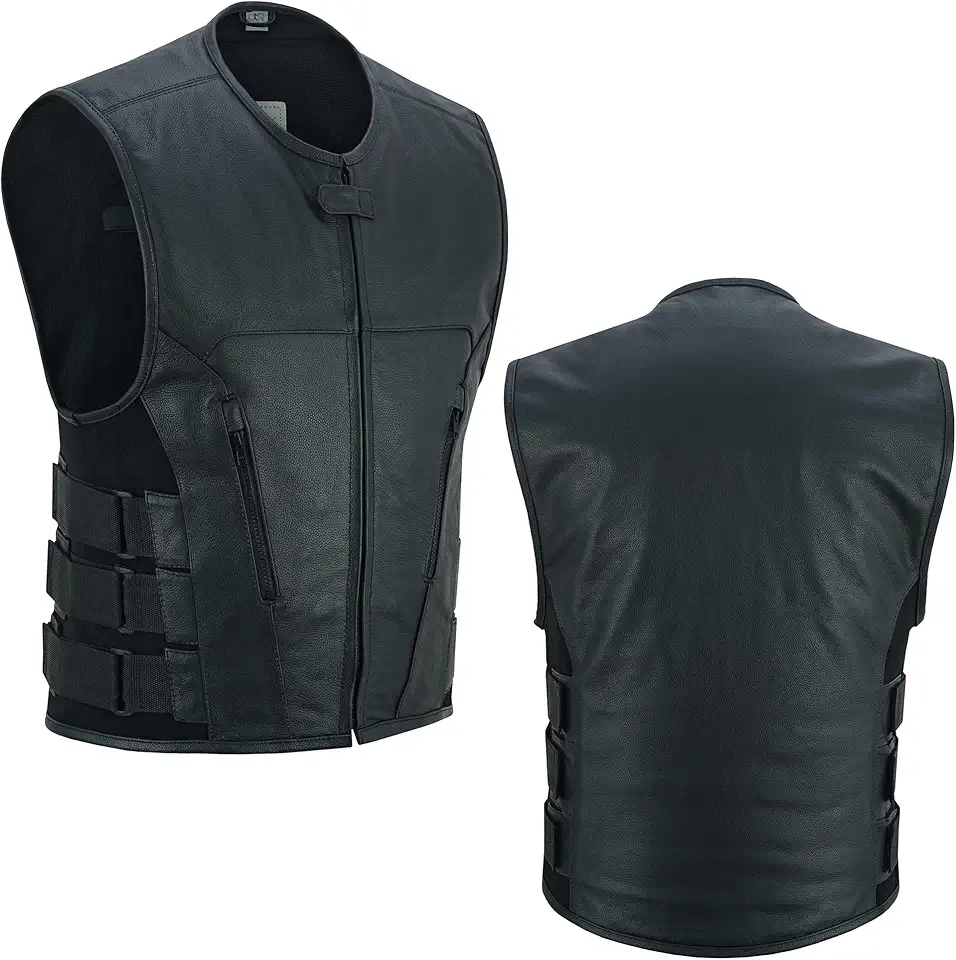 Men's Motorcycle Biker Riding Leather Adjustable Vest Stylish Black