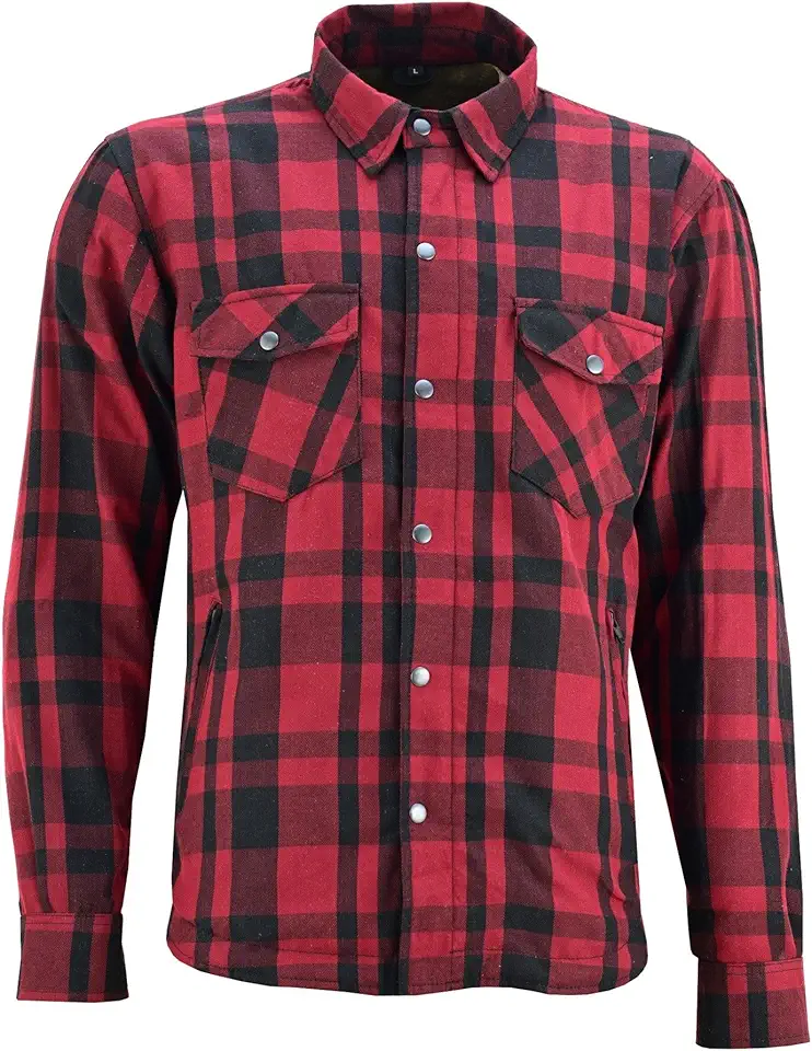 Mens Armored Checkered Flannel Biker Shirt, Multiple Waterproof Storage Pockets CE Approved Armor Reinforced Water Resistant