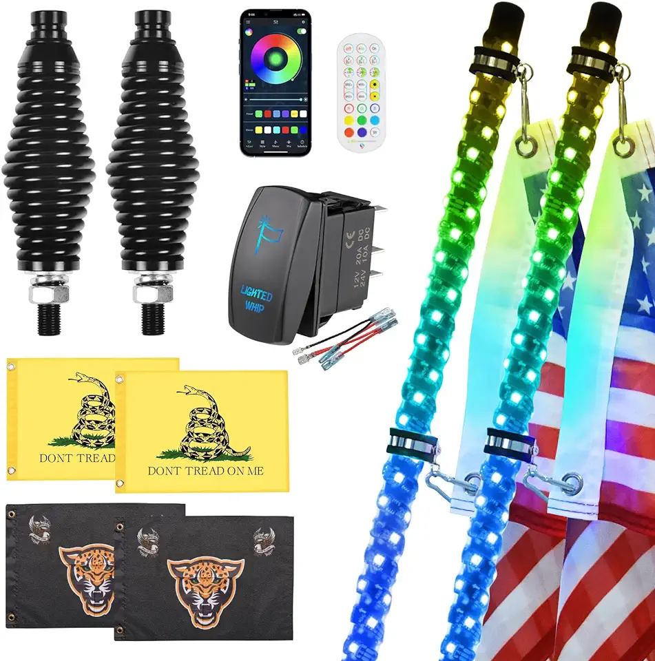 2 Pack 3FT Whip Lights with Spring Base,LED Whip Light with App & Remote Control, Spiral RGB Chasing Lighted Whips with Rocker Switch, Music Whip Light for UTV ATV Polaris RZR Can-Am SXS Truck
