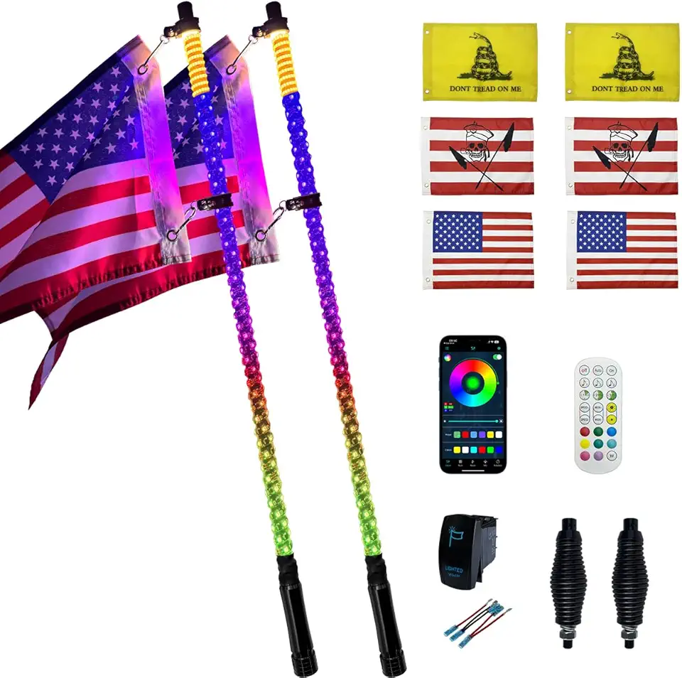 2 Pack 3ft LED Whip Lights with Spring Base, APP & Wireless Remote, UTV Whip Lights for ATV, Spiral RGB Chasing Lighted Whips with Rocker Switch for RZR Can-Am SXS Polaris Offroad Truck