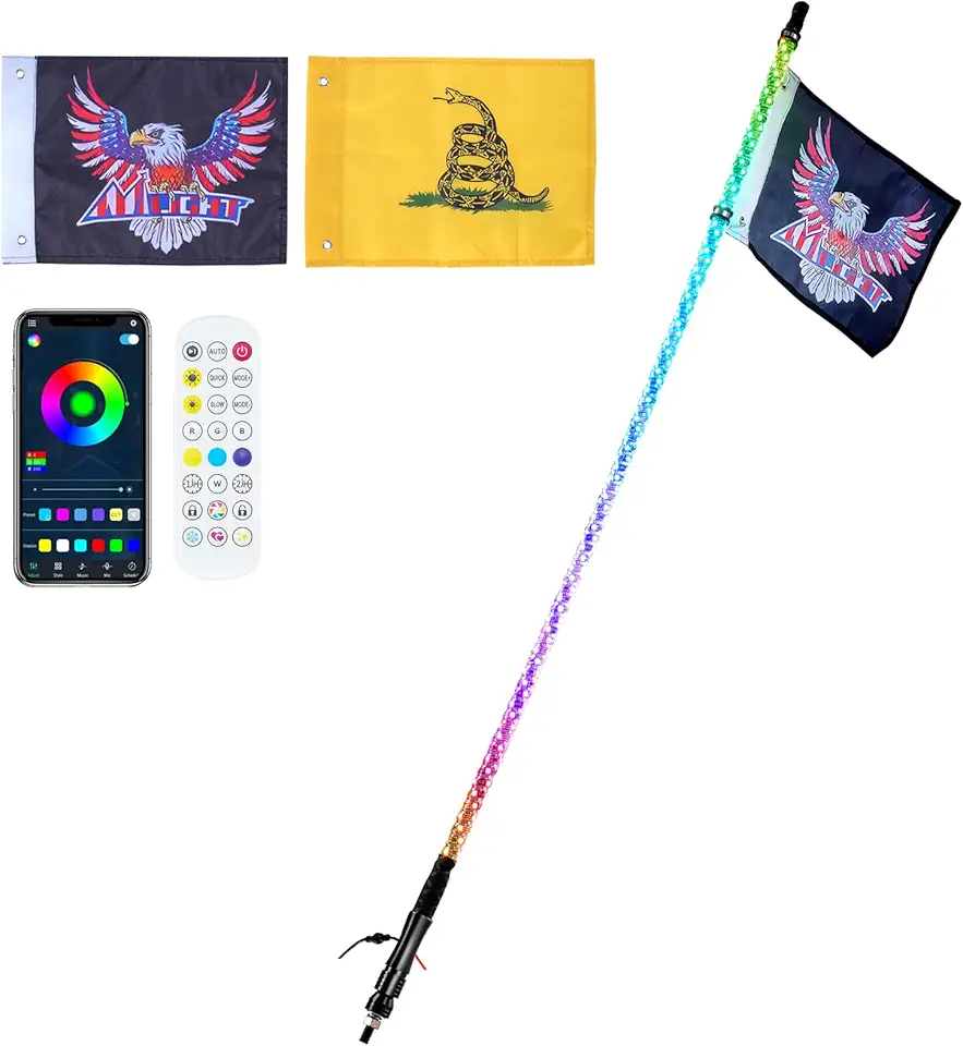 2 PCS 3 FT Whip Light, Waterproof 360° Spiral RGB Chasing Lighted Whips with 4 Flags, for UTVs, ATVs, Motorcycles, RZR, Can-am, Trucks, Go-Karts