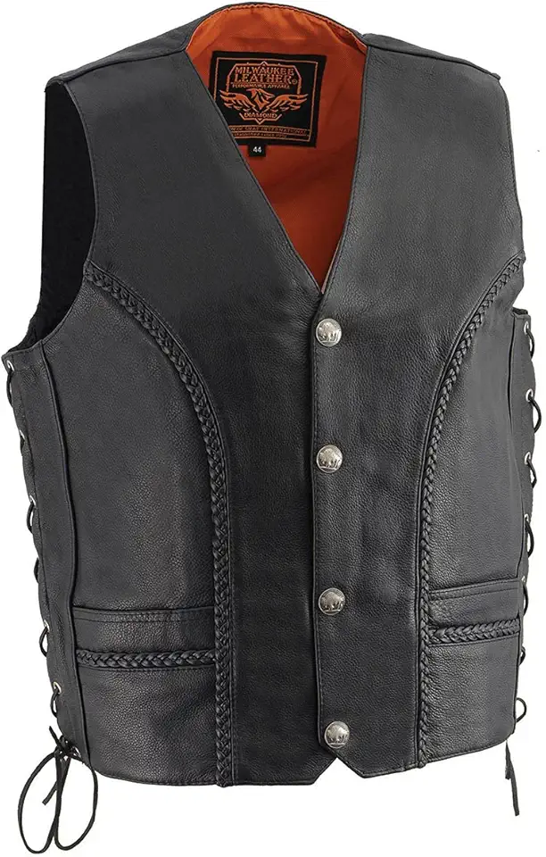 Milwaukee Leather ML1359 Men's Black Premium Leather Side Lace Motorcycle Rider Vest w/Buffalo Nickel Snaps Closure