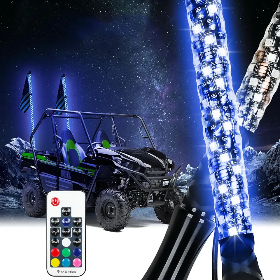 2PCS 4FT 360° Spiral LED Whip Light with Flash Explosion Function for RZR Can-Am Polaris UTV ATV,with RF Wireless Remote and USA Flag LED Lighted Whip Antenna Accessories
