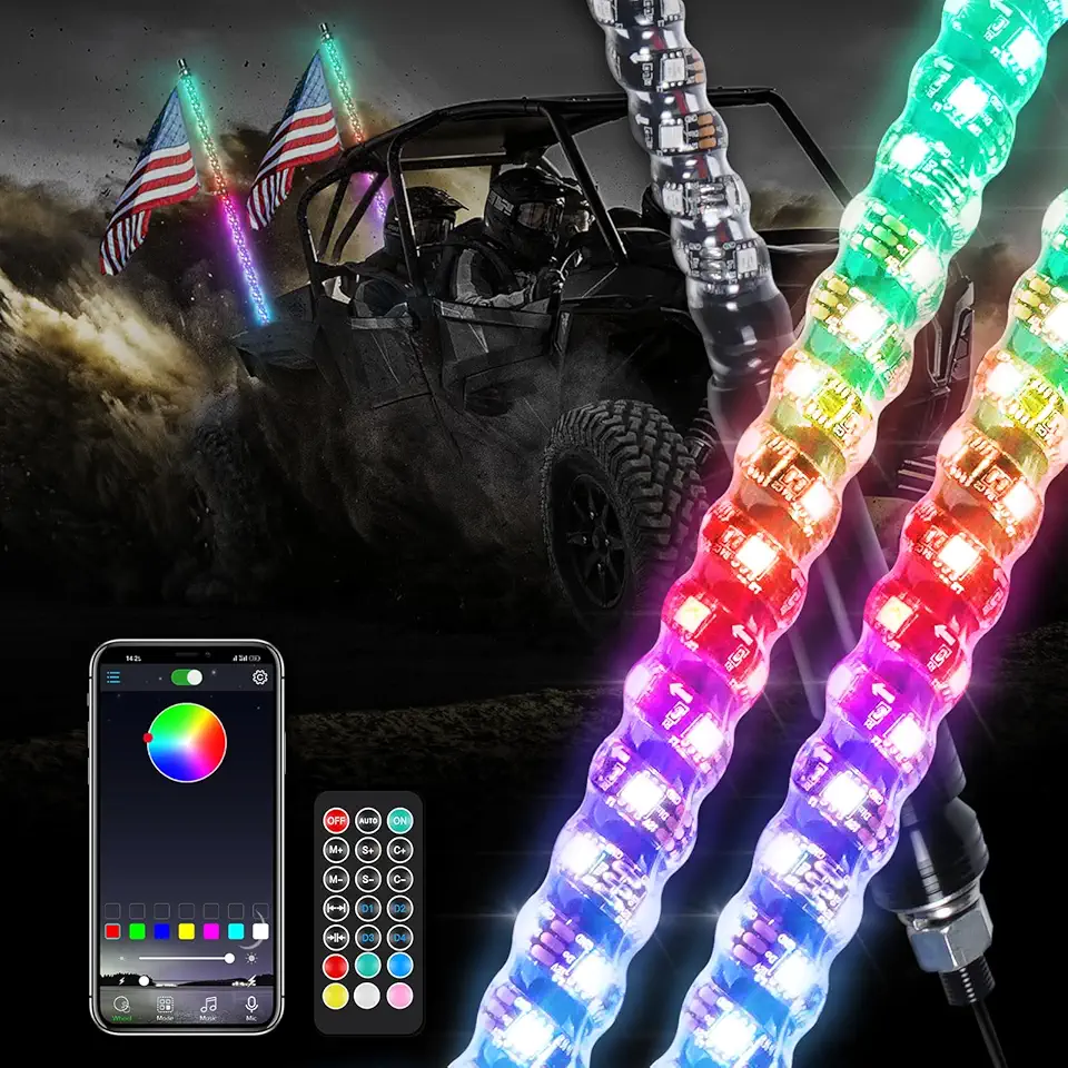 Bevinsee 3FT Spiral LED Whip Light with APP Remote Control, RGB Chasing Color Light Whip Antenna for UTV ATV Offroad Truck, Easy Installation and Release, 2PCS