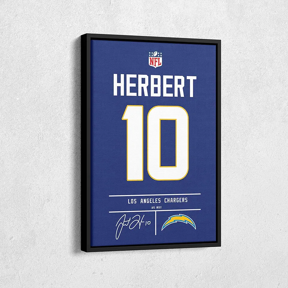 MW MERWEZI Justin Herbert Jersey Art Los Angeles Wall Art Home Decor Hand Made Poster Canvas Print(Black Floating Frame, 20