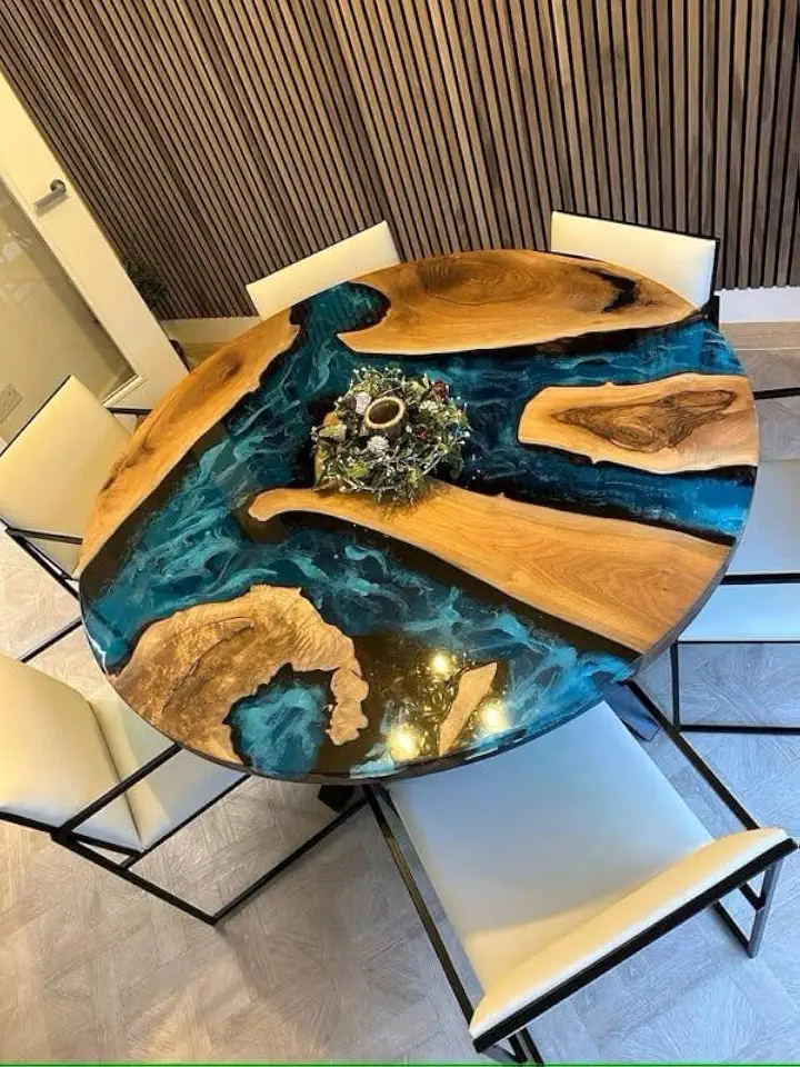 RESINHOMEFURNITURE Luxury Blue Ocean Resin Wood Table – Round Epoxy Dining, Coffee, or Conference Table with Nature-Inspired River Design for Elegant Home Decor (30 Inches Tall, 66 x 66 Inches)