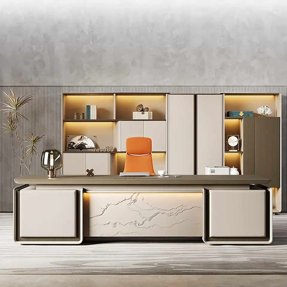 Luxury L Shaped Executive Office Desk, Computer Desk with Lateral Cabinet, Gaming Study Table Business Furniture Set