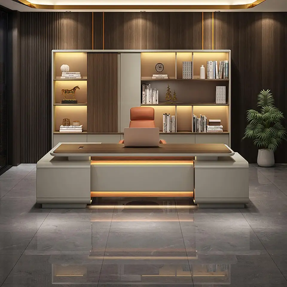 Luxury L Shaped Executive Office Desk, Modern Computer Desk with Storage Cabinet, Gaming Writing Table Business Furniture Set for CEO Boss