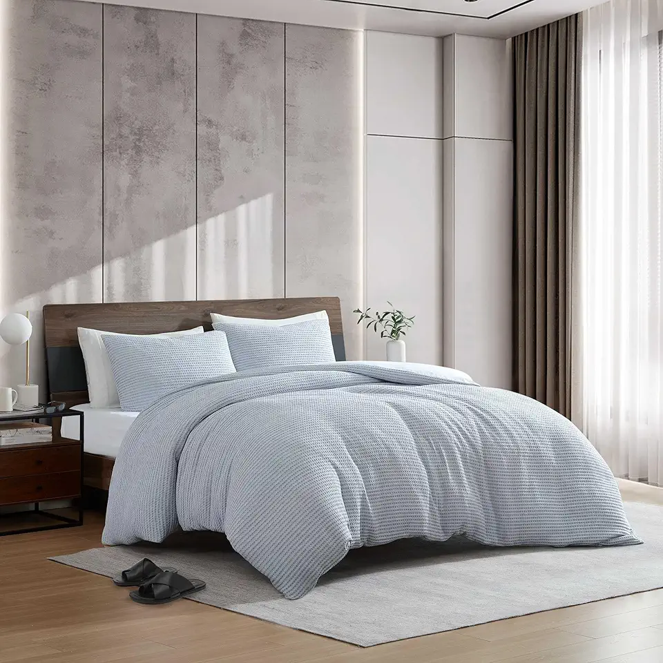 LIFETOWN Striped Duvet Cover Set 100% Jersey Knit Cotton T-Shirt Feel Ultra Soft Wrinkle-Free (Heathered Light Grey White Stripes, Queen)