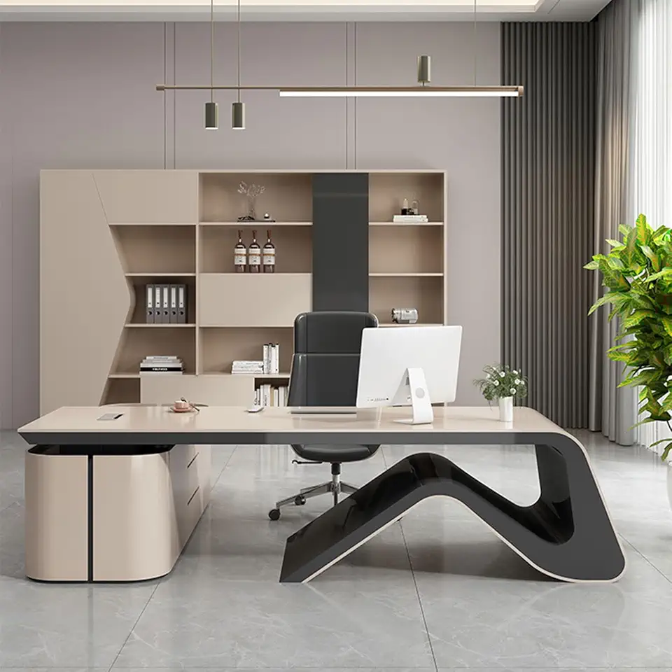 Modern Executive Desk Large Sturdy Writing Table for CEO Boss Manager, L Shaped with Shelves and Storage Cabinet, Business Furniture Office Workstation for Home Office
