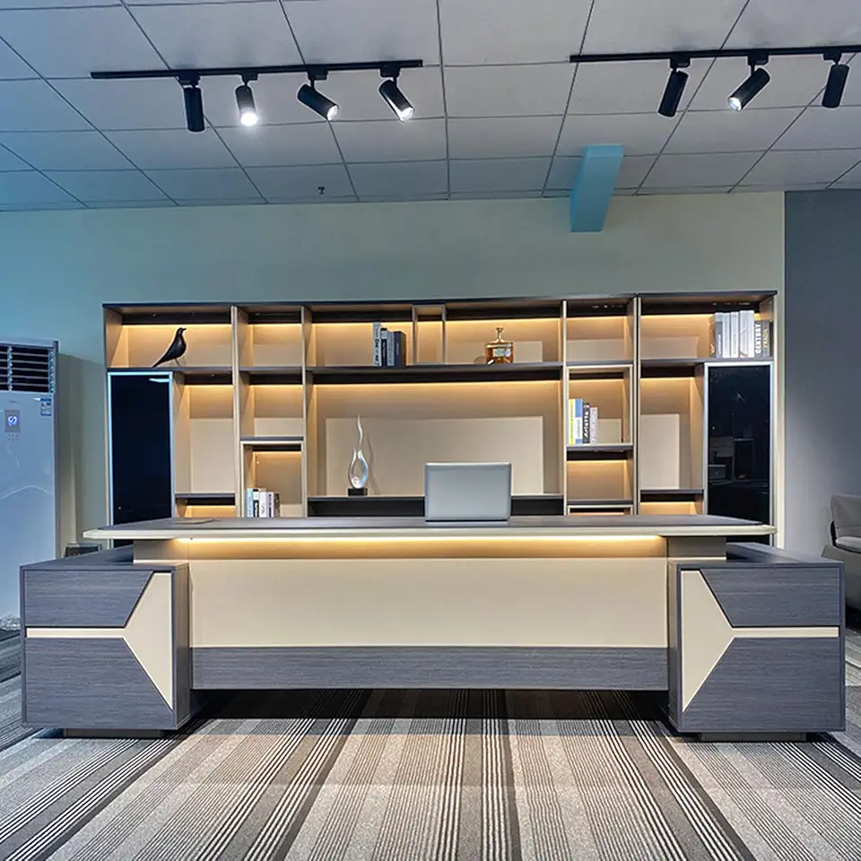 Executive Office Table with Cabinet Wood Office Desk, L Shaped Computer Desk Working Table for CEO Boss Manager, Business Furniture Office Workstation for Home Office