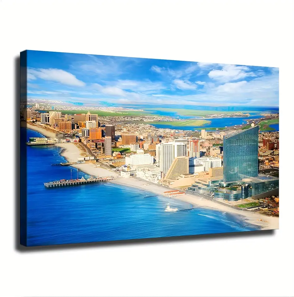Landscape wall art Atlantic City New Jersey Shore Skyline Canvas Poster Wall Art Decor Print Picture Paintings for Living Room Bedroom Decoration (Framed 20x30inch)