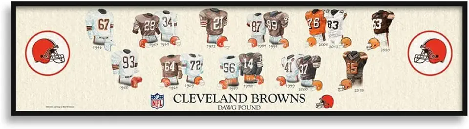 Sporticulture NFL Football Wall Art Print Framed - Cleveland Browns Poster Team Uniform Heritage Jersey Wall Decor - NFL Football Posters for Boys Bedroom & Decorations for Man Cave, 12x36