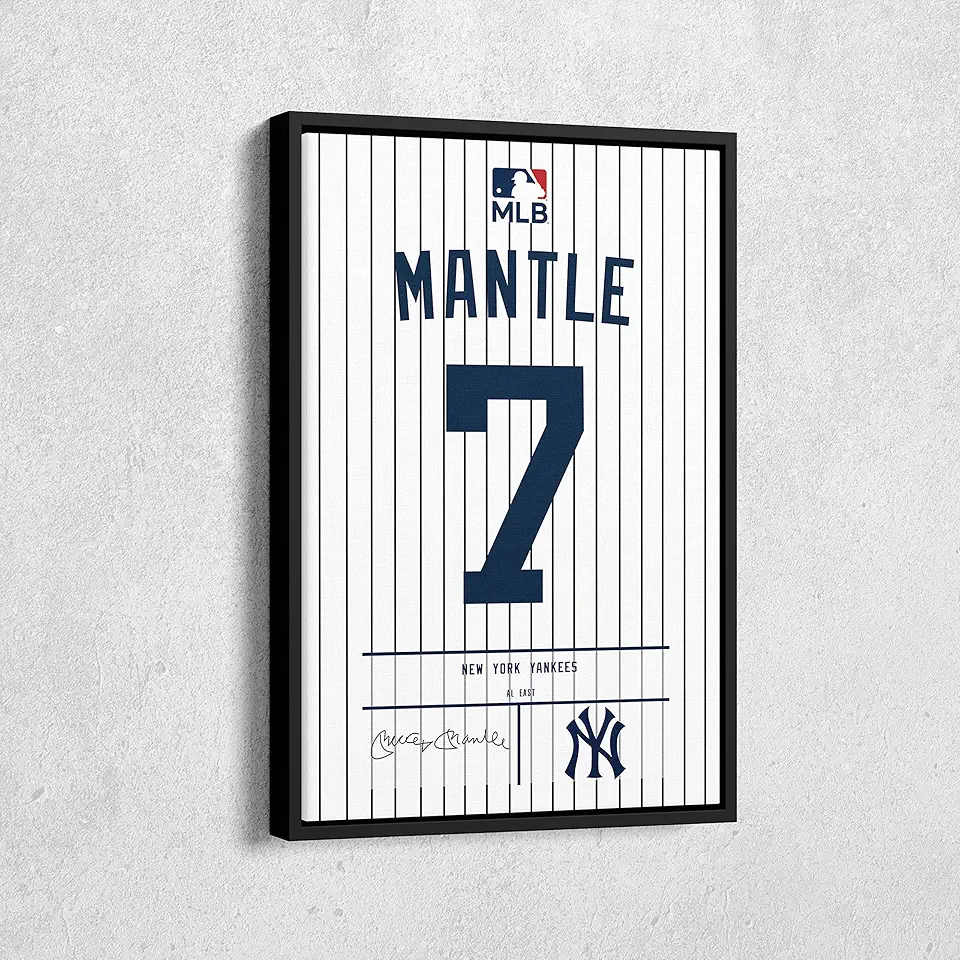 MW MERWEZI Mickey Mantle Jersey Art New York Yankees MLB Wall Art Home Decor Hand Made Framed Poster Canvas Print(Black Floating Frame, 12