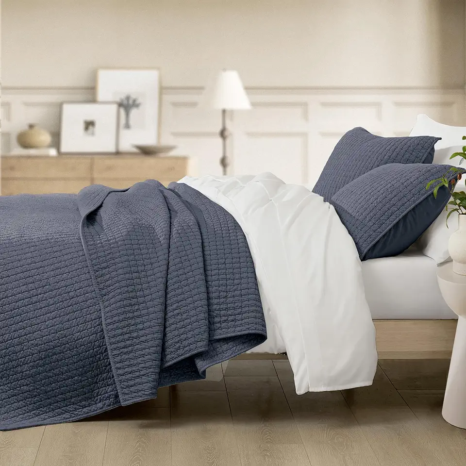 Sponsored Ad - Wonderful 100% Cotton Jersey Knit Quilt - Rice Stitch Heather Navy King Quilt with Two Pillow Shams - Soft & Breathable, All-Season Use, Hypoallergenic, Prewashed, Bedspread & Coverlet, 104