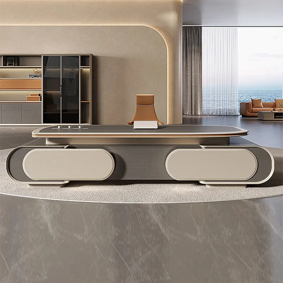 L Shaped Executive Desk, Luxury Wood Corner Executive Desk with Metal Frame, Writing Study Table Business Furniture Set Workstation for Home Office