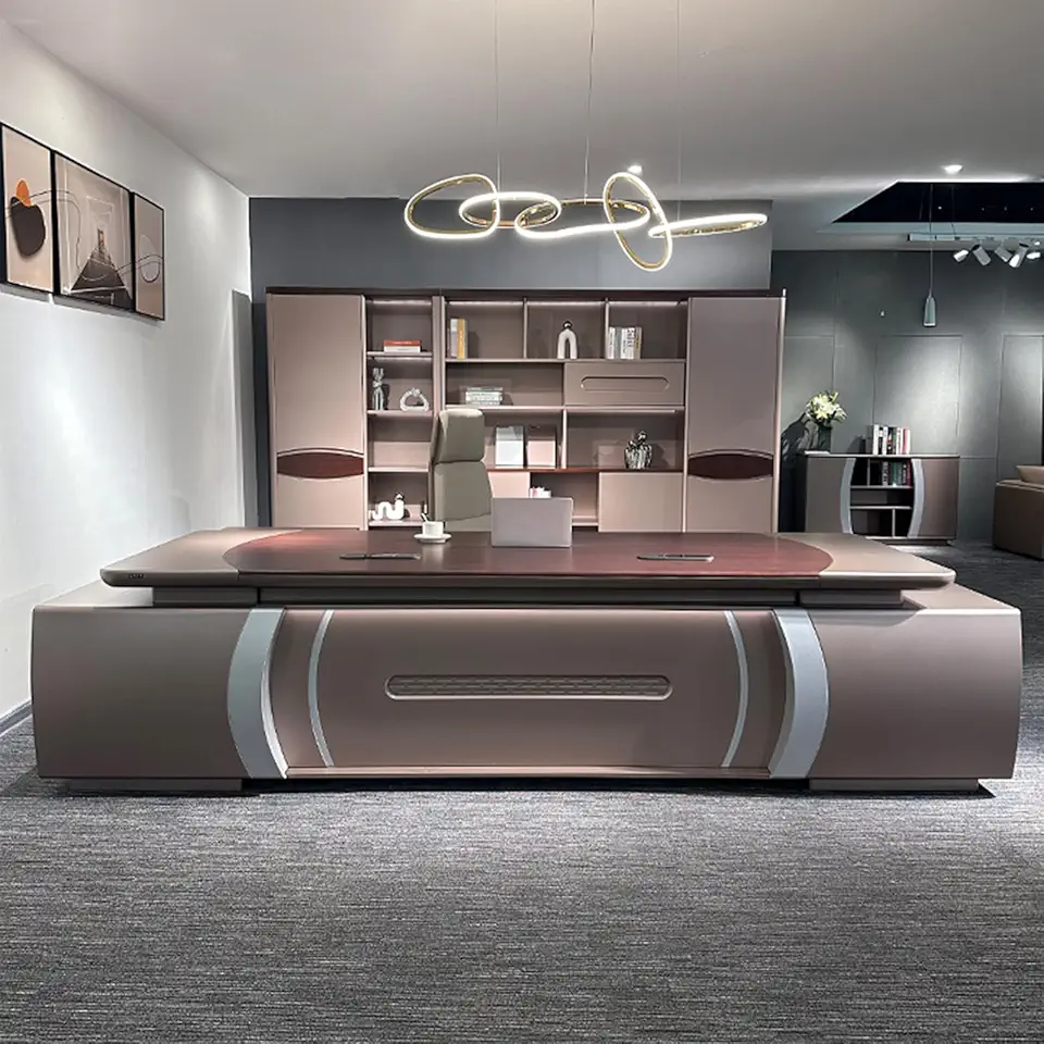 HOLIV 110.2 inch Computer Desk Modern Office Desk for Home Office, Large Writing Table Wood Business Workstation Sturdy Metal Frame with Power Outlet and Drawer Cabinet for Study Bedroom