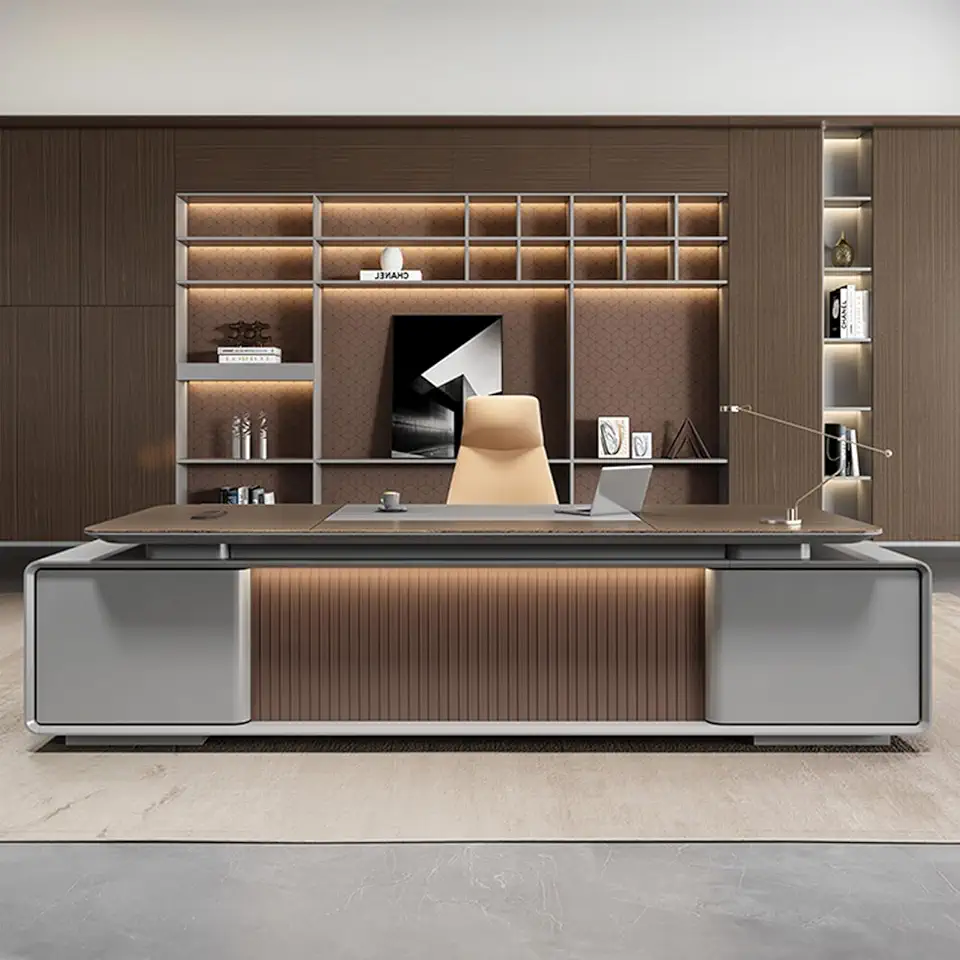 Modern Luxury Wood Executive Office Desk, Computer Desk with Lateral Cabinet, Writing Study Table Large Business Furniture