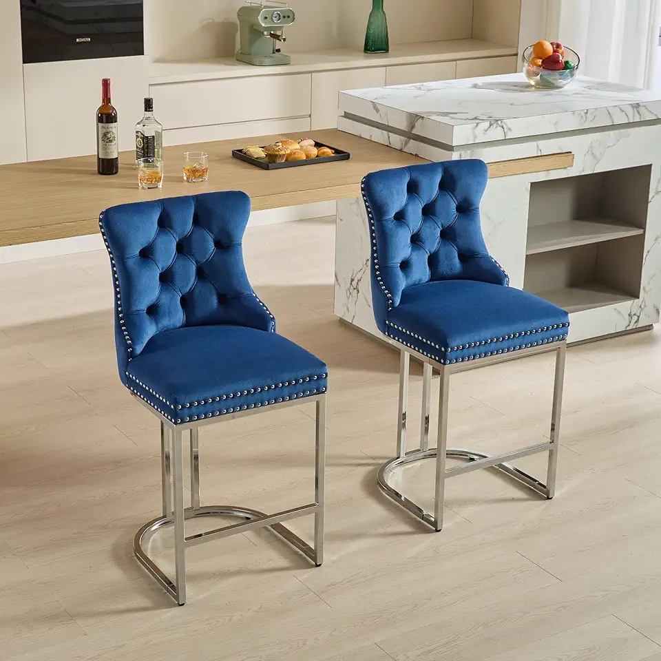 Modern Dining Chairs,Elegant Velvet Upholstered Barstools with Button Back & Rivet Trim,Sturdy Chromed Metal Base Legs,Ergonomic Large Backrest,Simple And Natural,Comfortable & Durable,Blue-Velvet-Foa