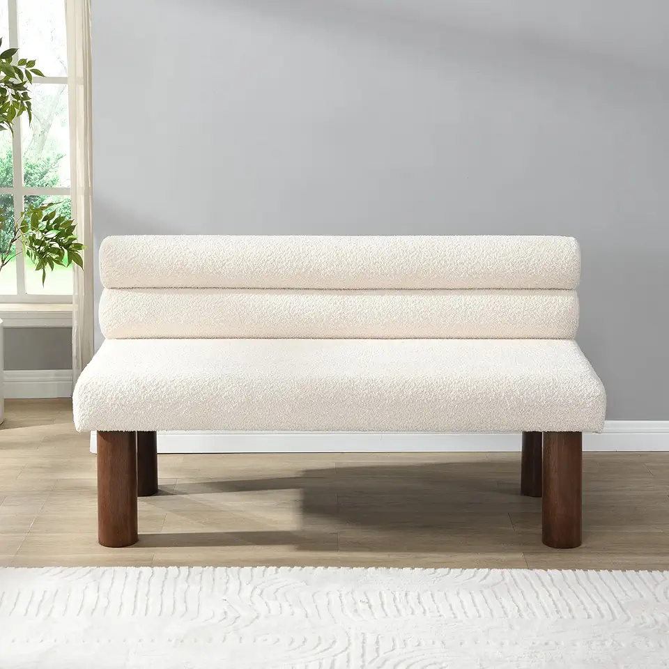 Christopher Knight Home Wally Boucle Upholstered Dining Bench, Modern Large Dining Room Chair, Entryway Ottoman Bench, Bedroom End of Bed Seating, Armless Desing and Wooden Frame, Milky White+Brown