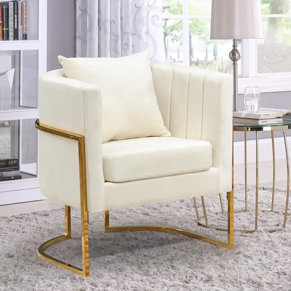Sponsored Ad - Velvet Modern Accent Chair, Upholstered Barrel Armchair Mid Century with Pillow for Living Room, Comfy Single Vanity Chair with Metal Gold Legs for Bedroom, White