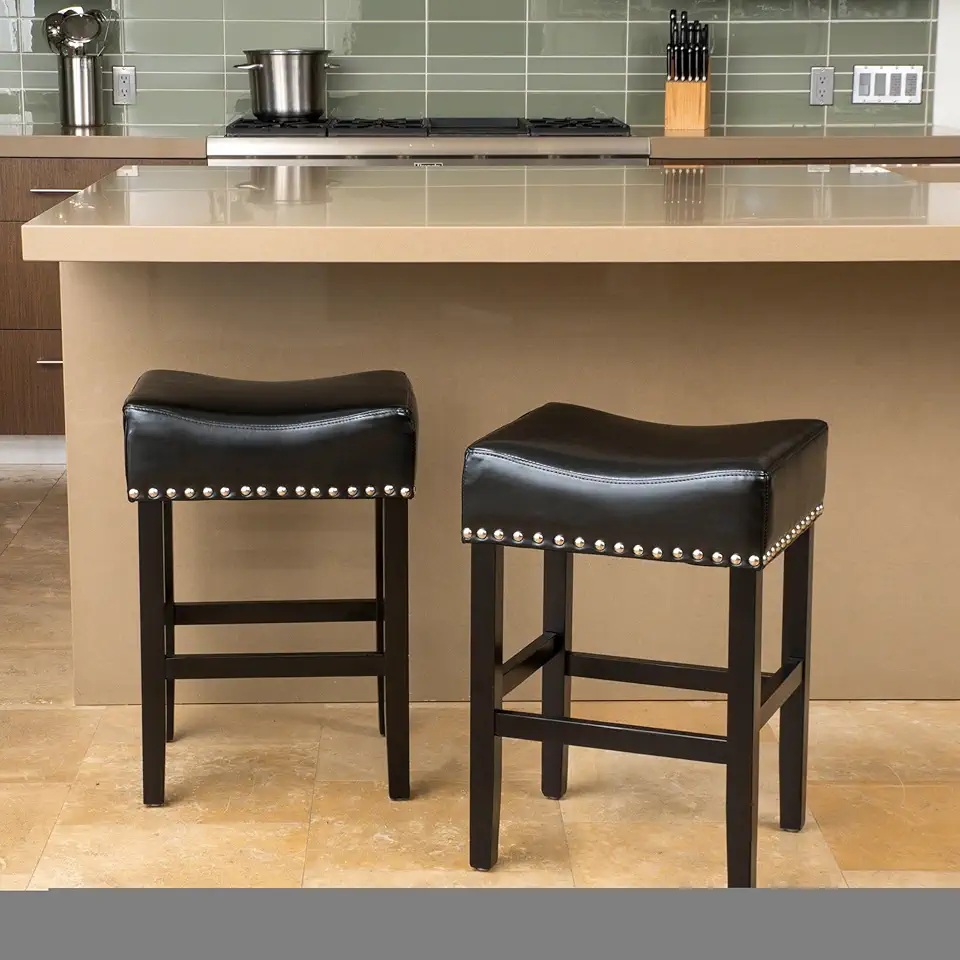 Modern Dining Chairs,Studded Upholstery Stool,Square Design,Simple & Natural,Comfortable & Durable,Sturdy Stable Solid Wood Frame Construction,Applicable To Front Porch,Outdoor Lounge,Patio,Black-Leat
