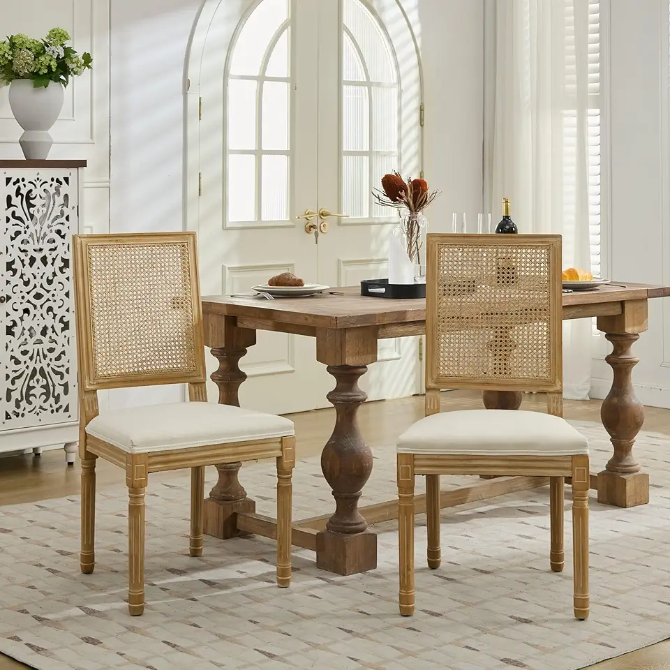 Modern Dining Chairs,French Elegant Upholstered Chair with Sturdy Style Solid Wood Frame and Painting Linen Fabric Rattan Back Seat,Offering & Durable for Everyday Use in Contemporary,Beige-Fabric-Fo