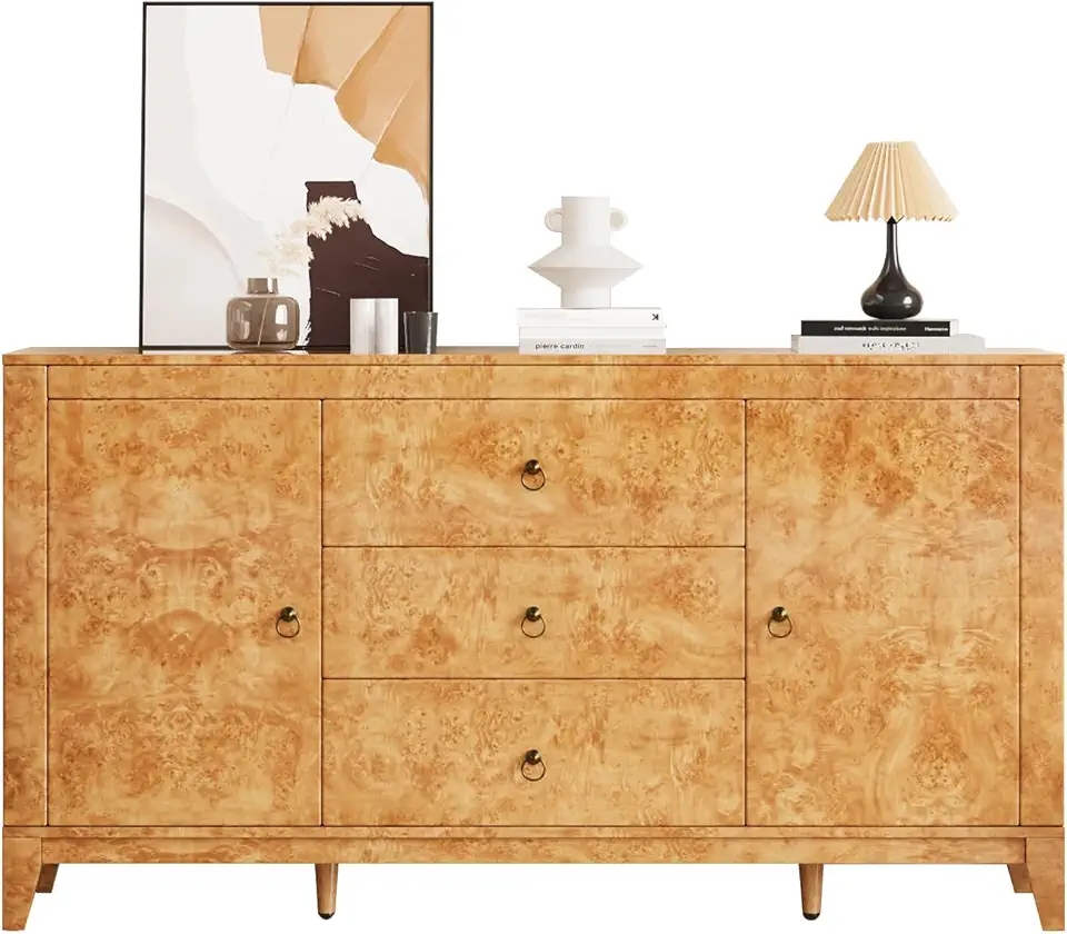 High Gloss Sideboard Buffet Burl Wood 60'' Cabinet Buffet Table with 3 Drawers & 2 Closed Storages, Mid-Century Modern Sideboard for Dining Living Room, Blond Burl