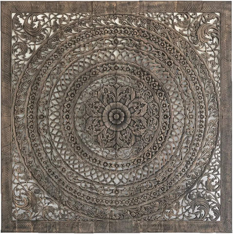 Siam Sawadee Moroccan King Wood Carved Headboard, Reclaimed Wall Art Hanging in Teak, Wooden Panels Handcrafted from Thailand, Rustic Black Finish, 80 inches