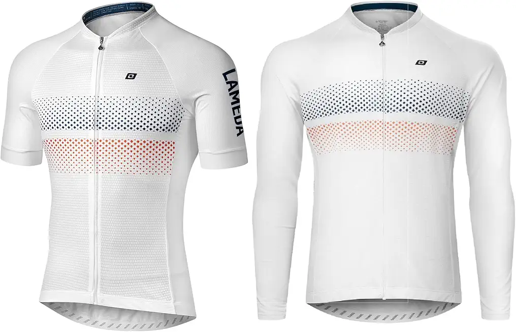 LAMEDA Men's Cycling Jersey Short Sleeve + Long Sleeve, Breathable Quick Dry Lightweight Elastic Road Bike Shirt Full Zip White Large