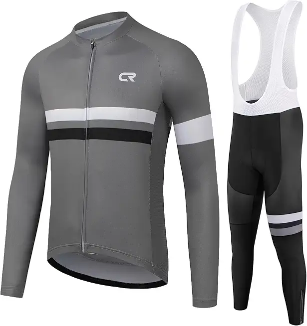 CR Winter Men's Cycling Jersey Long Sleeves Thermal Fleece Bike Jersey + Bib Pants, Winter Cycling Kit Clothing Set for Men