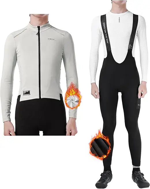 INBIKE Men's Fleece Lined Cycling Jersey + Cycling Bib Pants for Men 3D Padded Warm Lightweight Cycling Suit with Pockets Khaki Large