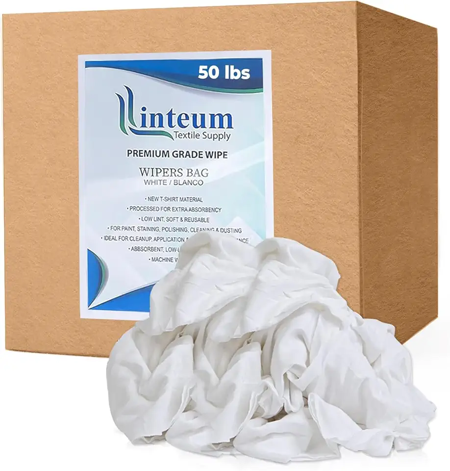 Linteum Textile Supply White Tshirt Rags 50 lb Box Staining and Finishing Wiping Towels for Auto, Painting Wood Polishing Jersey Knit Poly Cotton Wiper Rag T-Shirt Material Reusable Cleaning Cloths