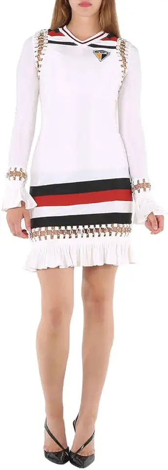 White Ring-Pierced Striped Stretch Jersey Mini Dress, Size Medium