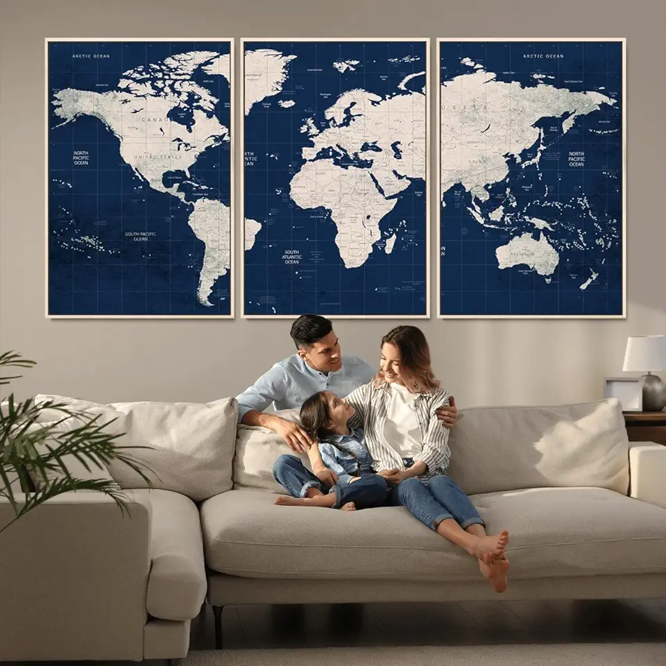 Sami Eymur Vibrant World Map Wall Art – Oversized Modern Canvas Print for Living Room Decor 3 Panel Floating Frame/Floating - Natural / 90