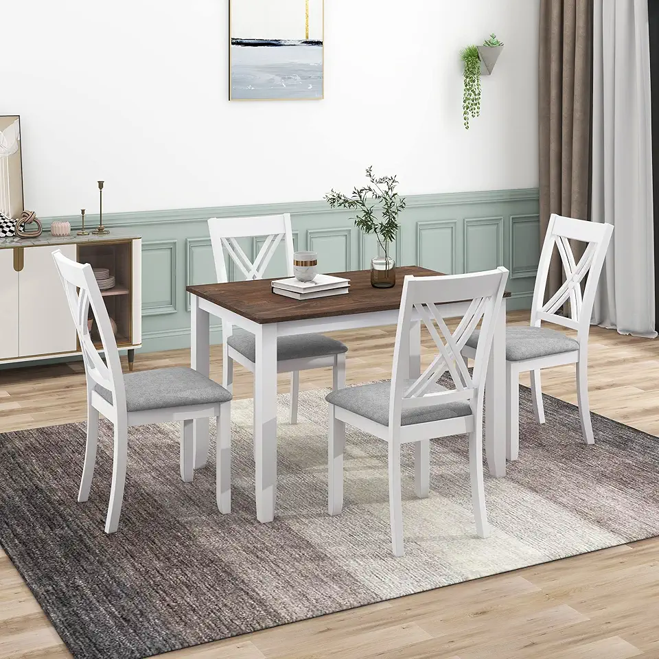 Modern Rustic 5-Piece Dining Table Set with Rectangle Table,4 X-Back Upholstered Chairs,Compatible with Small Places DiningRoom LivingRoom Furniture (White@P)