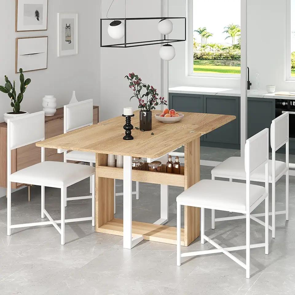 Modern Compact Extendable Dining Table Set for 4, Foldable Square Kitchen Table Set with Storage Rack and 4 PU Leather Upholstered Dining Chairs, Dining Table Set for Dining Room Small Places, White